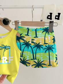 SHEIN Young Boy Casual Fashionable Printed Coconut Tree Pattern Vest And Patchwork Coconut Tree Print Shorts 2 Pieces Set, Suitable For Spring/Summer, Beach Vacation