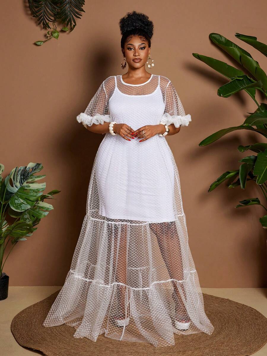 Maweii Plus Size Women Fashion Hollowed-Out See-Through Fabric Round Neck Ruffled Sleeve Multi-Layer Pleated Patchwork Ruffled Loose Dress, Summer - White - View 1