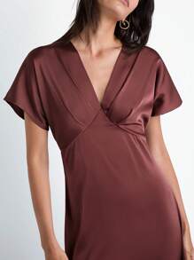 Maija Women Simple Solid V-Neck Short Sleeve Long Dress Brown Dress Women Satin Midi Dress Brown Midi Dress,Modest Dresses For Women,Fall Women Clothes