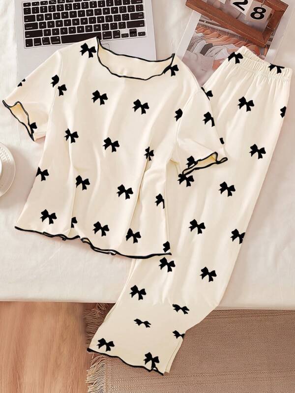 Pijama para niñas preadolescentes, base color albaricoque con estampado de mariposas negras, acabado en contraste, top de manga corta y pantalón largo, ropa de dormir informal