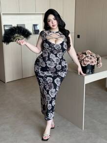 Vibekara Retro Elegant Hollowed-Out Mandarin Collar Cheongsam Style Mini Dress With Slit, Fitted Slim Summer Sexy Floral Print Party Dress For Young Women - Black - View 3