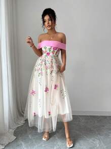 Chiquease 优雅刺绣网眼露肩合腰喇叭形蓝白中长连衣裙 - 玫紅色 - 查看 4