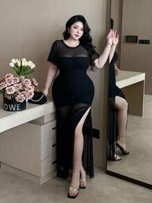 Flirla 大码女式性感低胸网眼拼接荷叶边长袖高开衩修身连衣裙，适合休闲外出、夜店、返校、约会之夜、度假、正式活动、返校派对、单身派对