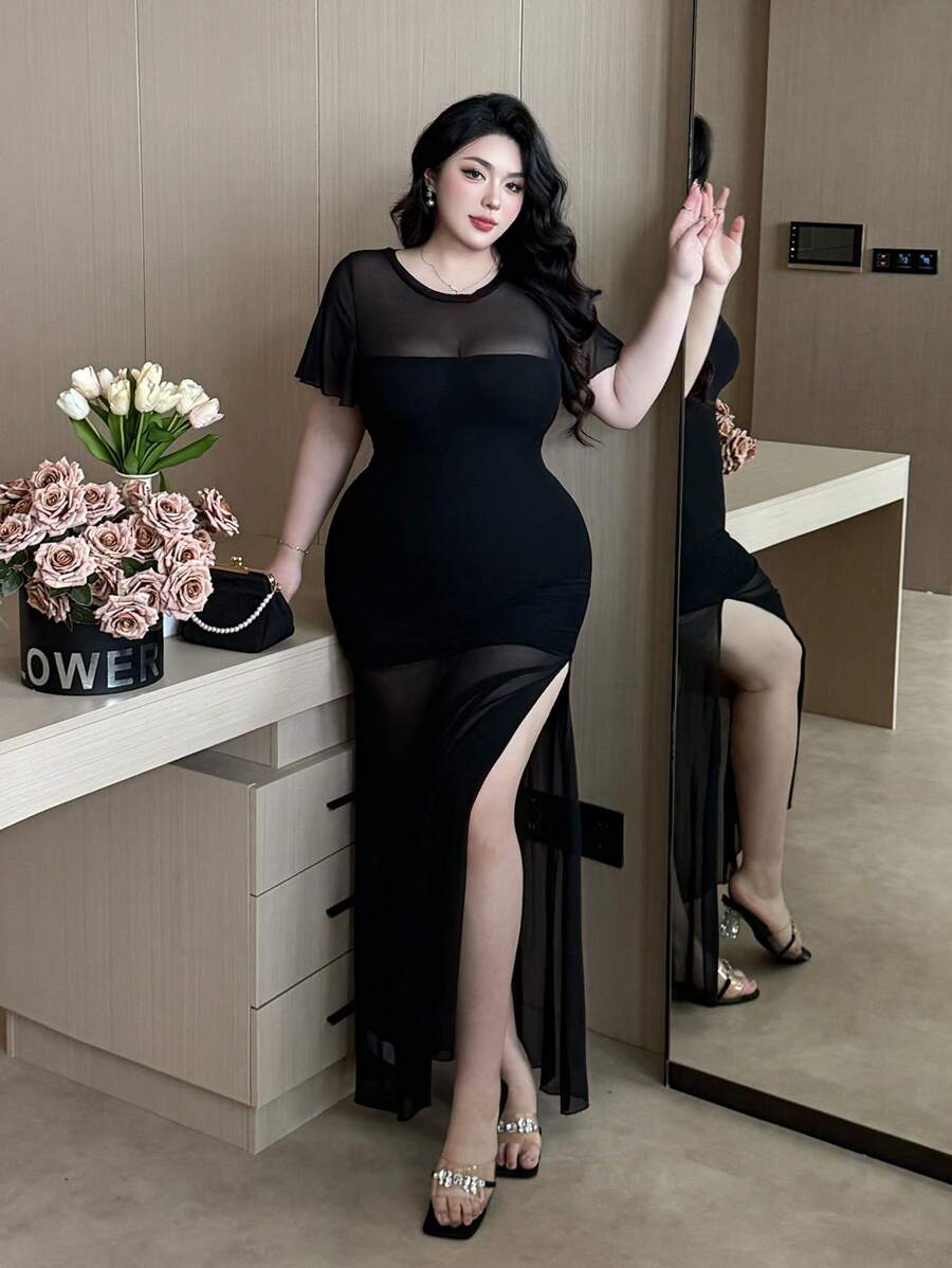 Flirla 大码女式性感低胸网眼拼接荷叶边长袖高开衩修身连衣裙，适合休闲外出、夜店、返校、约会之夜、度假、正式活动、返校派对、单身派对