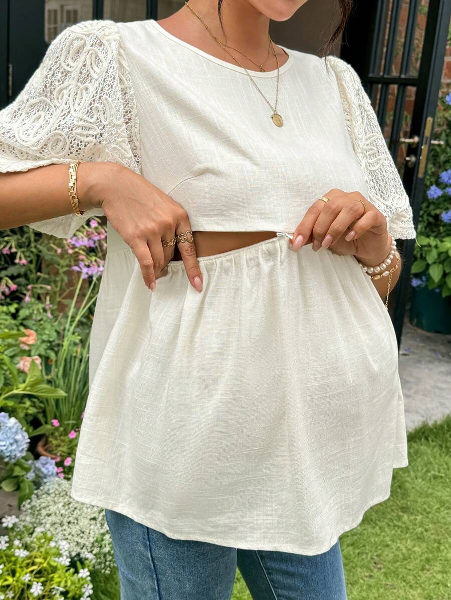 SHEIN 孕妇泡泡袖拼布蕾丝圆领套头衫 - 杏色 - 查看 1