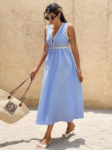 SHEIN Frenchy Women's French Sleeveless  Blue And White Striped Deep V-Neck Striped Lace Maxi Dress Daily Commuter Wear Dresses For Women Summer Outfits For Women Beach Outfits For Woman Vacation Outfits Woman Western Wear Women Work Summer Dresses Woman S Summer Clothes Fall Women Clothes 4th Of July Outfit Women  Teacher Outfits For Women