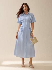 SHEIN Tall Women's Summer Waist Cinched Pleat Single-Breasted Stripe Short Sleeve Shirt Dress - Blue and White - View 3