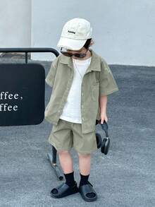 Young Boys Summer Casual Street Japanese And Korean Loose Fit Black Shirt With Workwear Shorts 2 Pieces Set,Back To School Kids Fashion Outfit - Mint Green - View 5