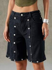LYSMO Quần short denim túi nút thời trang thường ngày cho nữ - màu đen - Xem 4