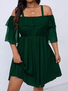 SHEIN LUNE 大码女式纯色荷叶边露肩优雅连衣裙 - 墨綠色 - 查看 3