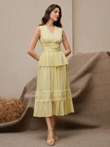 Anewsta Vestido ajustado de mujer sin mangas con adorno de encaje en la cintura