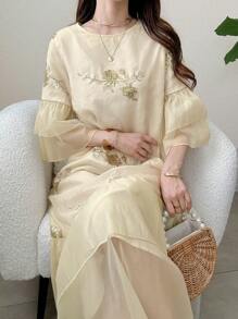 FRIFUL 女式长裙，带荷叶边下摆和亮片，圆领百褶飘逸裙，度假和沙滩装