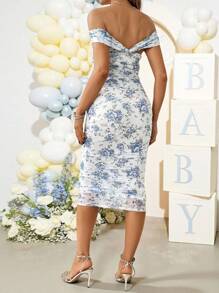 Loomaby 孕妇优雅花朵露肩褶饰修身连衣裙，夏季 - 藍色 - 查看 2