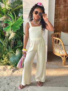 Tween Girl Solid Crop Cami Top & Wide Leg Pants Two Pieces Set,Mommy And Me Matching Outfits(2 Sets Are Sold Separately) - White - View 6