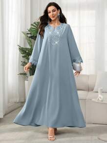 SHEIN Najma Váy hoa trang trí đính cườm tay loe cổ chữ V thanh lịch, phong cách Ả Rập, xuân/hè - Màu xanh bụi bặm - Xem 4