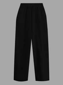 SHEIN PETITE 大码女式优雅法式褶皱常规版型白色裤子，带口袋，新款夏季休闲松紧腰褶皱长裤