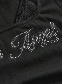 ROMWE Grunge Punk Plus Size Women's Summer Rhinestone Letter Halter Lace-Up Short Sleeve T-Shirt