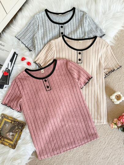 SHEIN 3 قطعة/مجموعة بلوزات نسائية كاجوال ذات تصميم كرو نيك بأكمام قصيرة وتريم عقدي