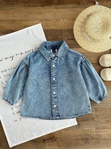 SHEIN Mädchen lange, weite Denim-Bluse mit umlegekragen und elastischem Bündchen