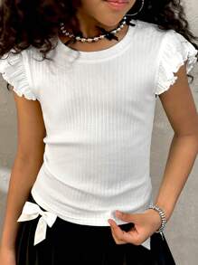 Coolane Kids Tween Girls Four Seasons Streetwear Vacation Ruffle Trim Solid White Tee - White - View 1