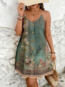 SHEIN VCAY 大码女式花卉印花细肩带夏季连衣裙，适合度假 - 綠色 - 查看 1