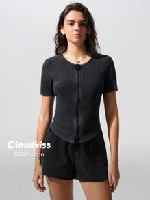 Menodora SHEIN Sport Cloudkiss 95%Cotton Women's Casual Knit Front Zip Short Sleeve Fitted T-Shirt - Dark Grey - View 2