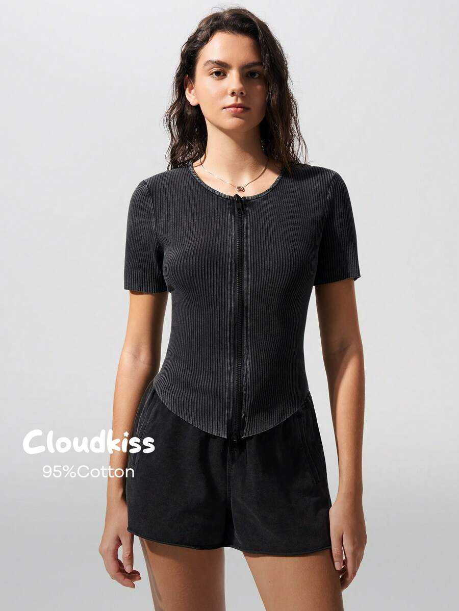 Menodora SHEIN Sport Cloudkiss 95%Cotton Women's Casual Knit Front Zip Short Sleeve Fitted T-Shirt