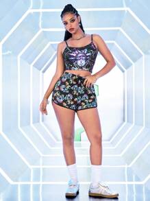 Rick and Morty X SHEIN 女士骷髅印花抽绳腰休闲夏季短裤 - 黑色 - 查看 6