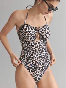 Ontre Women's Beach Swimsuit, Vacation Wear, Female Apparel, Vacation Style, Vacation Clothing, Women's One-Piece Swimsuit, Leopard Print, Halter Swimwear, Metal Decor, Partial Hollow, Beach Swimsuit,  Swimsuit, Vintage - Brown - View 2