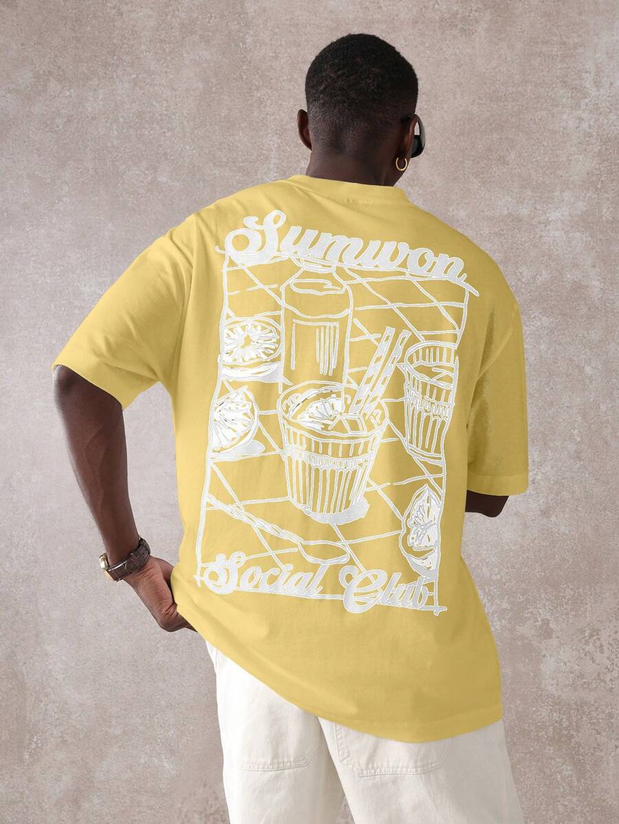 SUMWON 夏季社交俱乐部街头服饰短袖图案印花超大版型常规棉质 T 恤休闲周末日常穿着 - 黃色 - 查看 1