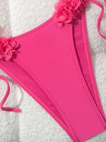Swim Mod 女款 2 件式粉色比基尼泳衣，3D 花朵裝飾掛脖細肩帶沙灘套裝，夏季熱帶度假休閒優雅純色 - 玫紅色 - 查看 3