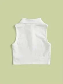 SHEIN Young Girl Collared Solid Color Neck Button-Up Top - White - View 2