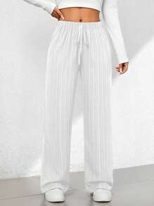 SHEIN PETITE Summer Casual Textured Wide-Leg Capri Pants - White - View 5