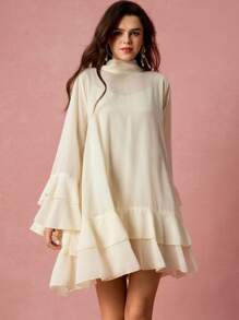 Enchnt 女式纯色喇叭袖蝴蝶结荷叶边下摆优雅连衣裙 - 杏色 - 查看 6