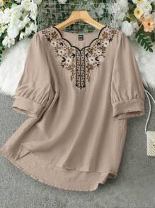 Modelyn Women's Holiday Floral Embroidered Puff Sleeve Casual Shirt - Coffee Brown - View 1