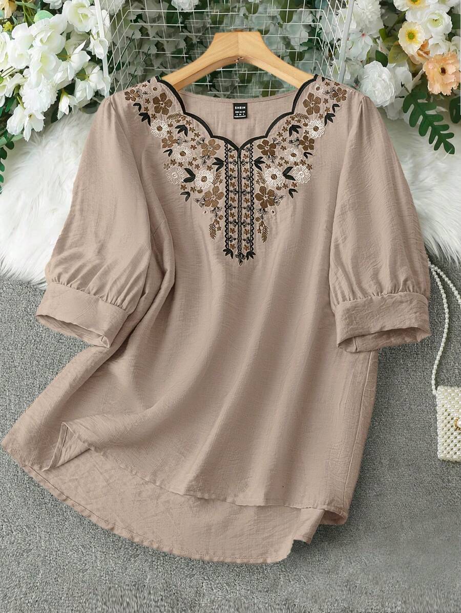 Modelyn Women's Holiday Floral Embroidered Puff Sleeve Casual Shirt - Coffee Brown - View 1