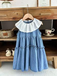 SHEIN LMoss Kids Young Girl' Ruffled Collar Blue Sleeveless Layered Cake Denim Dress - Light Wash - View 5