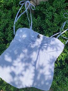 Comfortcana Women's Summer Pleated Stripe Casual Vacation Camisole Top, Babydoll Top - Blue and White - View 3