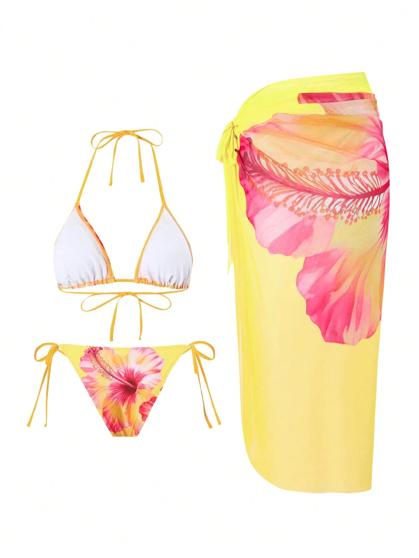 Swim Oasis 3 Peças Conjunto de Maiô Bikini Estilo Casual de Praia de Verão para Mulheres com Estampa Floral 3D e Vestido de Malha Torcida para Praia, Maiô Estilo Boêmio - Amarelo - Visão 2