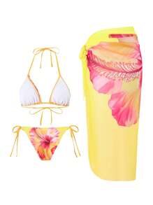 Swim Oasis 3 件套女士夏季海滩度假休闲风格 3D 花卉印花比基尼套装，带网眼扭纹海滨连衣裙，波西米亚风格泳装 - 黃色 - 查看 2