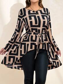 SHEIN Clasi Plus Size Women's Geometric Print Tie Waist Long Sleeve Blouse - Black - View 5