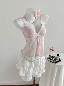 SHEIN EZwear Plus Size Contrast Color Spaghetti Strap Lace Patchwork Sleeveless Summer Camisole Babydoll Camisole Pink Lace Camisole Embroidered Camisole