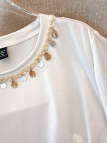 GlowEve CURVE 大码女式休闲贝壳装饰领短袖T恤 - 白色 - 查看 4