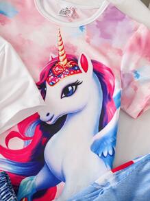2pcs/Set Young Girls Fashion Casual Unicorn Print Short Sleeve Crew Neck T-Shirt + Print Denim Look Pants Set, 2 Colors - Multicolor - View 8
