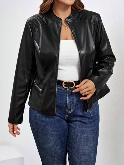 SHEIN Clasi Plus Size Women PU Leather Motorcycle Jacket, Autumn/Winter Fall