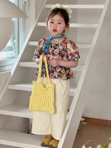 DAZY 2pcs/Set Young Girl Floral Print Puff Sleeve Top With Ruffle Hem And Pants,Girls Summer Outfits