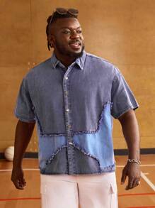 EASEVO Plus Size Men's Loose Woven Denim Short Sleeve Shirt - Multicolor - View 1