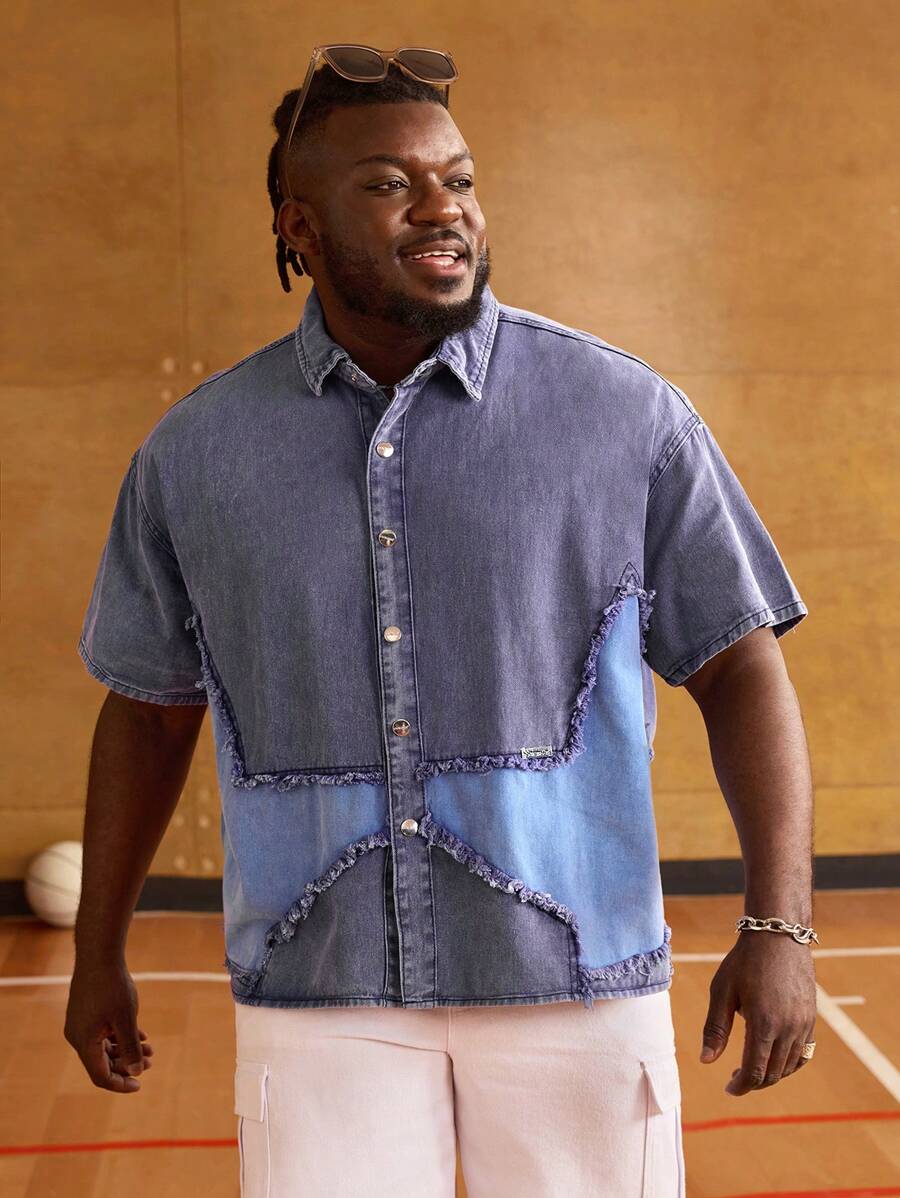 EASEVO Plus Size Men's Loose Woven Denim Short Sleeve Shirt - Multicolor - View 1