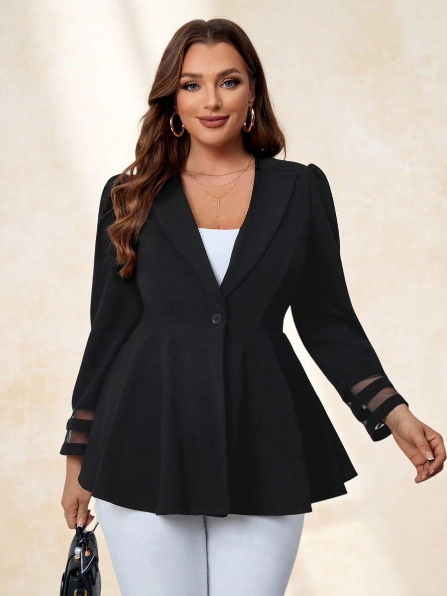 SHEIN Clasi 秋冬披肩领网眼拼接荷叶边西装外套 - 黑色 - 查看 1