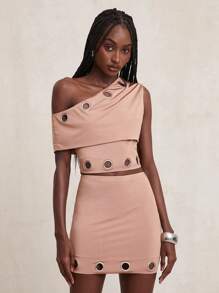 NYA SZN Huda Top Asymmetrical Off The Shoulder Eyelet Detail Event Club Grunge Party Sexy Streetwear Concert Going Out Night Out Party Club Cute Fall Summer Vacation Cropped Top Ibiza Statement Valentines Day Carnival Outfits For Women - Brown - View 2